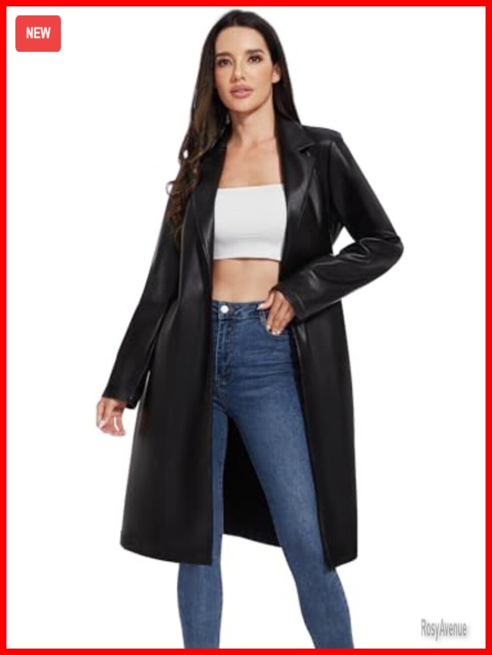 Faux Leather Trench Coat Belted Double Breasted Motorcycle